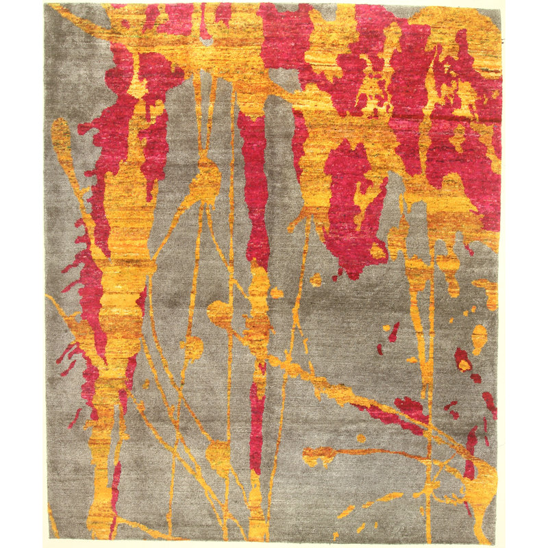 Tapis à la main one-of-kind noué la orange/jaune 8 pi 3 po x 9 pi 10 po zone de viscose