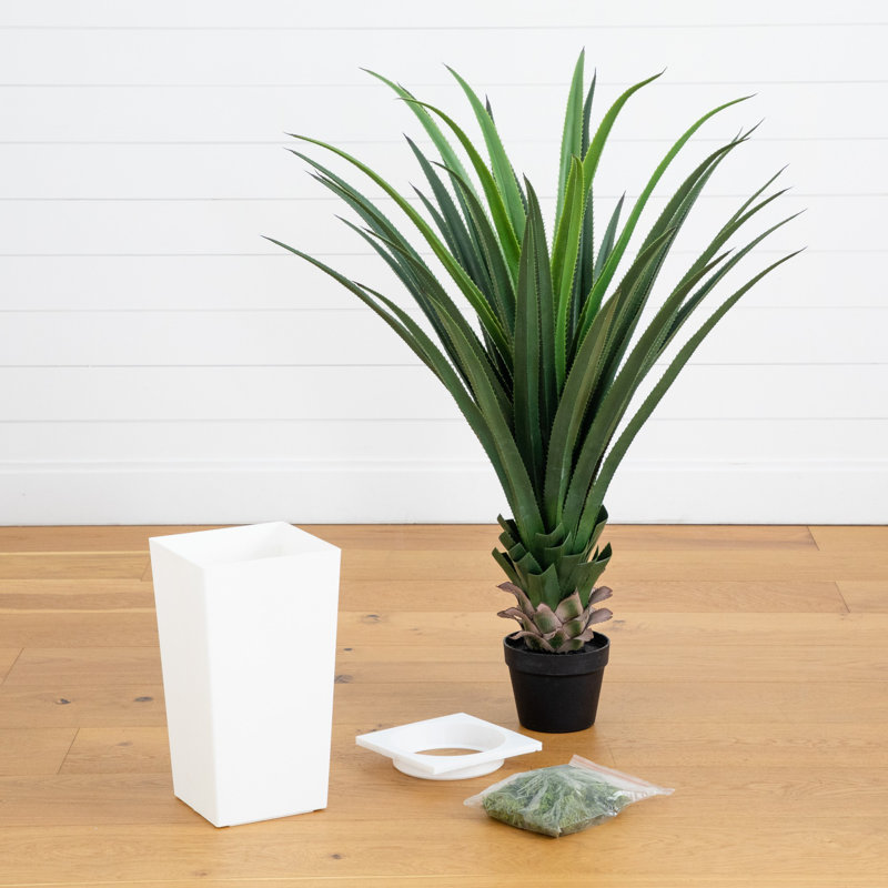 4 pi. Agave artificielle résistante aux rayons UV dans un pot à fleurs blanc (intérieur / extérieur)