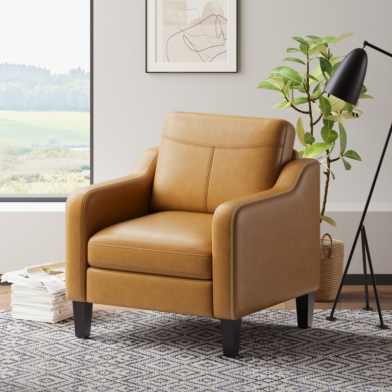 Mid-Century Accent Chair, Solid Wood Frame, Removable Cushions, Living Room Armchair, Brown, Faux Leather