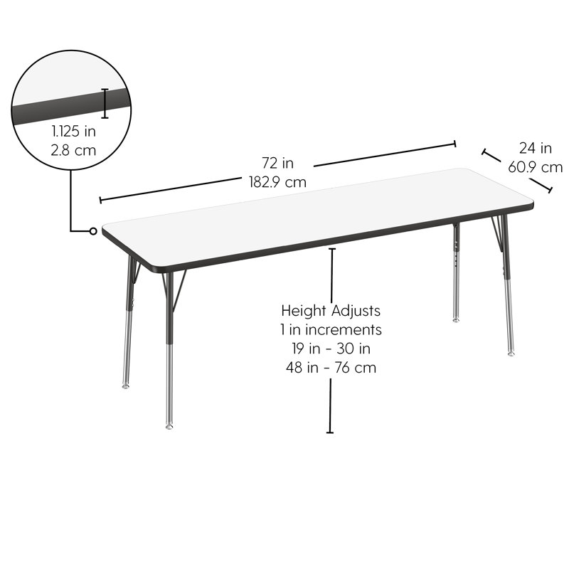 Table d'activités rectangulaire, 24 po x 72 po, Tableau blanc / noir, Roulement pivotant standard