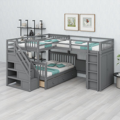 L-Shaped Bunk Bed With Built-In Drawers, Desk, And Wardrobe