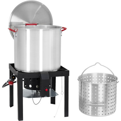 Ensemble de marmite en aluminium 100QT avec support de brûleur au propane de 110 000 BTU, allumage électronique, panier à crépine et crochet, chaudière à crevettes en crabe pour les fêtes dans la cour