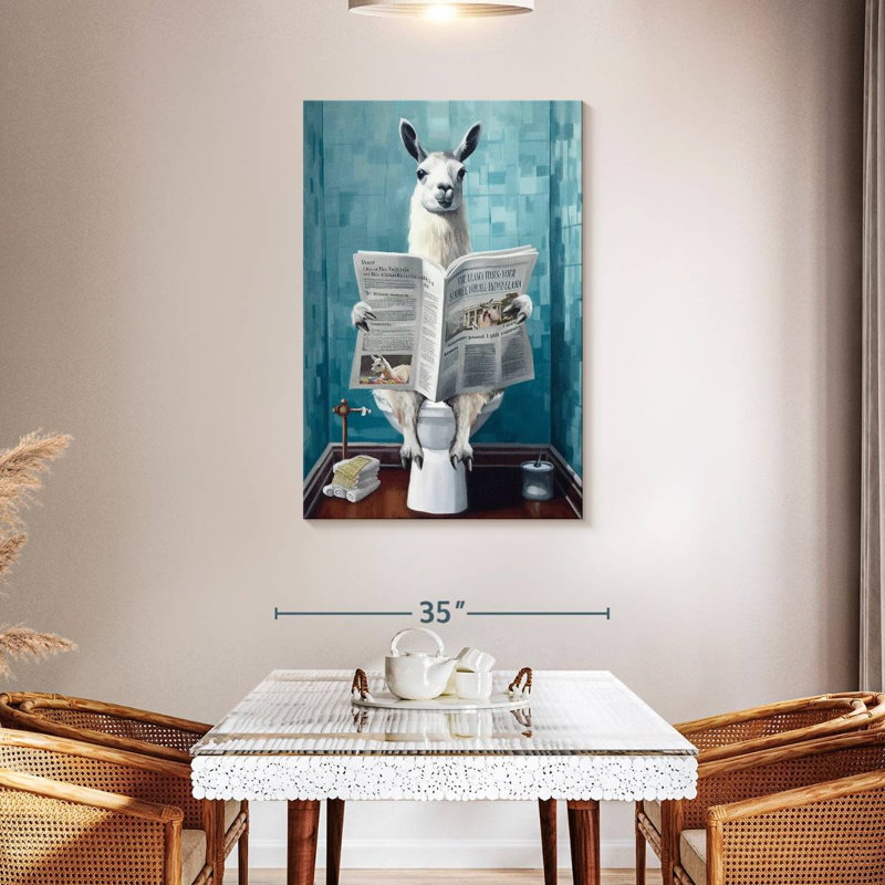 Lama sur une toilette sur toile, H 45 po x l 30 po x P 1,25 po