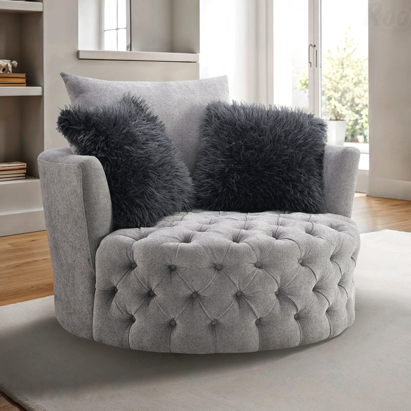 Transitional Style 1Pc Button Tufted Swivel Round Chair Barrel Style Arms Scattered Back Pillow Light Gary Finish Primary In Stylish Offices Living Room