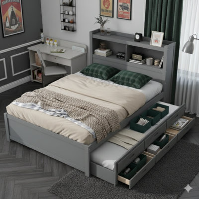 Lit plateforme gris avec lit gigogne, tiroirs et ports USB
