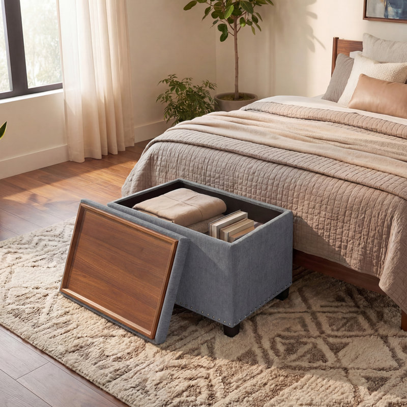 22" Upholstered Storage Ottoman With Reversible Tray Top, Gray  Cotton Blend