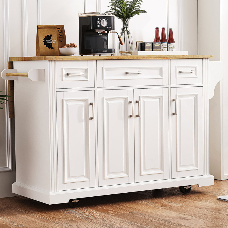 54Inch Large Kitchen Island With Rubber Wood Drop Leaf, Embossed Texture Rolling Kitchen Cart On 4 Wheels With 4 Doors And 3 Drawers, Kitchen Island With Storage For Kitchen, Dining Room,White