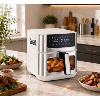 6.34QT Air Fryer with Viewing Window, 8-In-1 Functions Stainless Steel Air Fry, Roast, Reheat, Bake