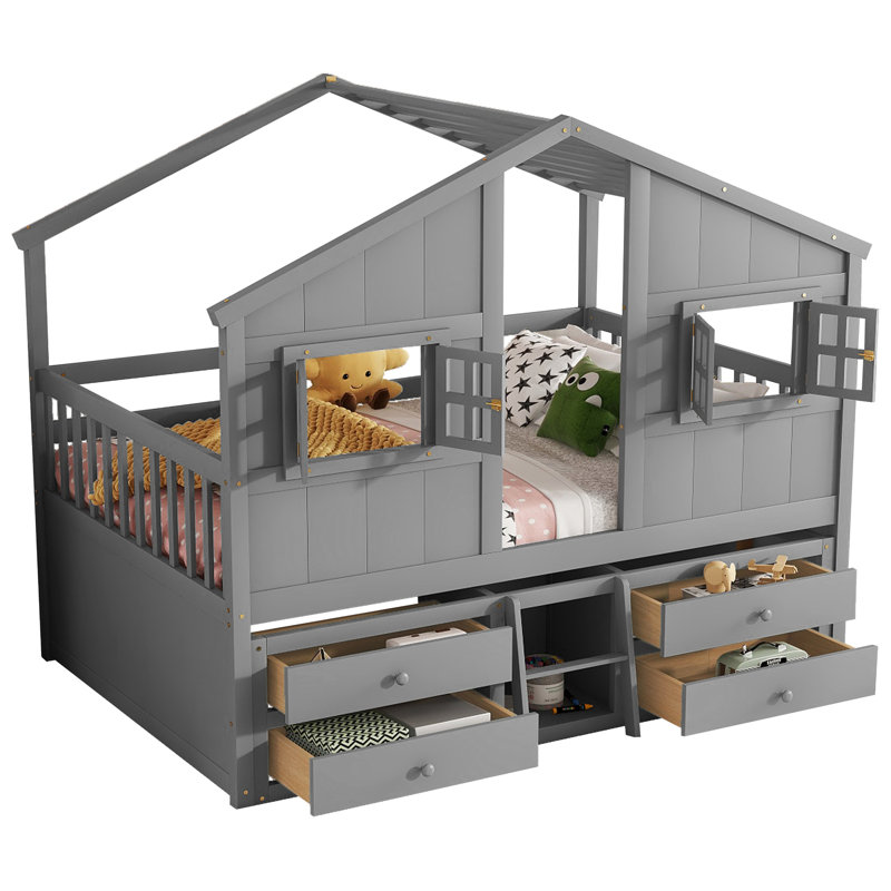 Lit mezzanine gris en pin avec fenêtres, 4 tiroirs de rangement, rails et toit décoratif