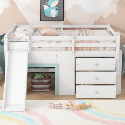 Lit mezzanine double pleine grandeur avec glissière, trois tiroirs de rangement et deux portes, lit mezzanine compact pour enfants et adolescents