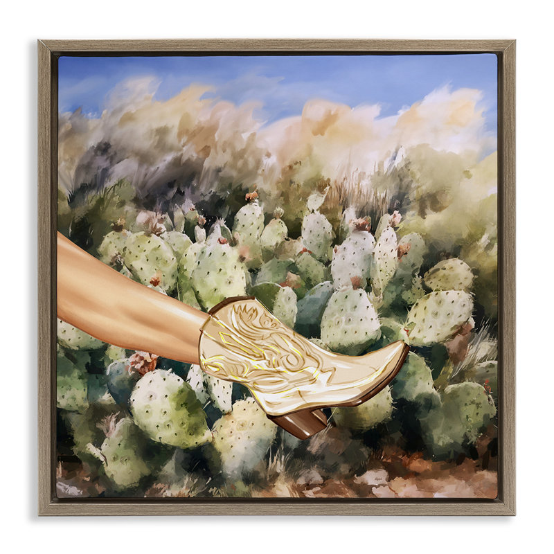 Cowgirl Boot & Cactus, Montalcino Elm Floater Frame, 25" H x 25" W