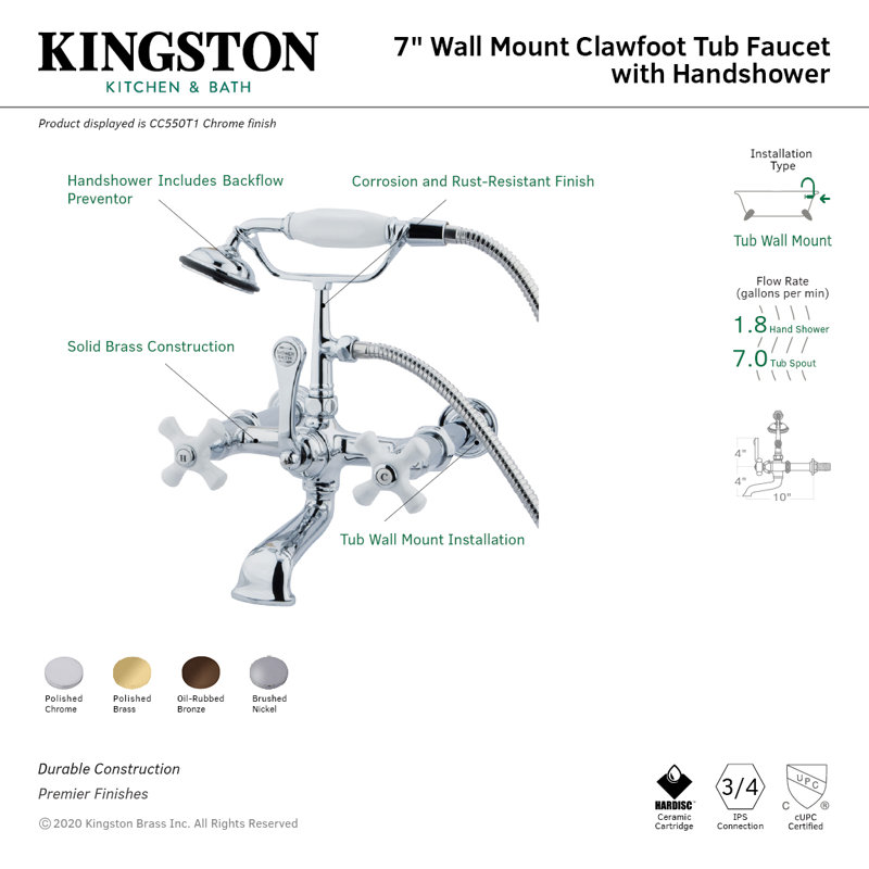 Kingston Brass Vintage Three-Handle 2-Hole Tub Wall Mount Clawfoot Tub Faucet with Hand Shower, Brushed Nickel