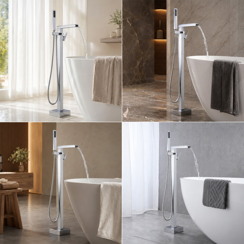 Robinet de baignoire autoportant Robinet de baignoire autoportant à finition chromée Robinet pour salle de bain à poignée simple avec douche à main