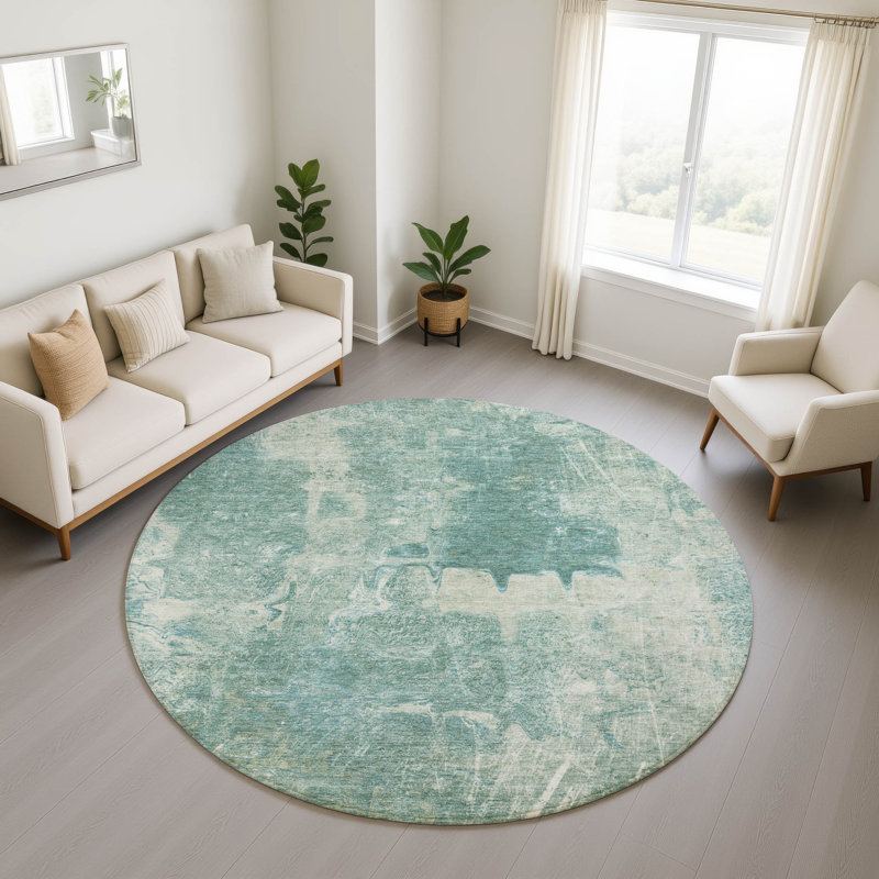 Premium Machine Washable Mayfield AMF2226 Abstract Rug, Teal, 8' Round