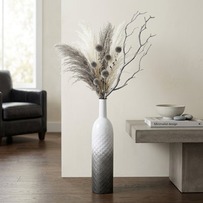 Harkona Traditional Metal Floor Vase, Gray & White Ombre Diamond Pattern, 28"
