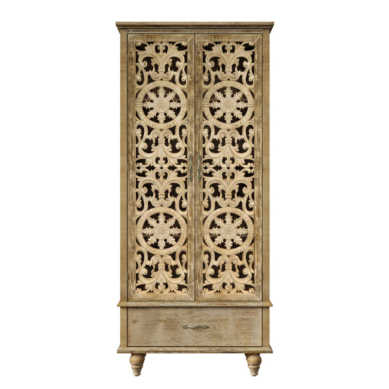 Vaisselier en bois sculpté de 70,5 po de hauteur avec portes ajourées, 3 tablettes et tiroir