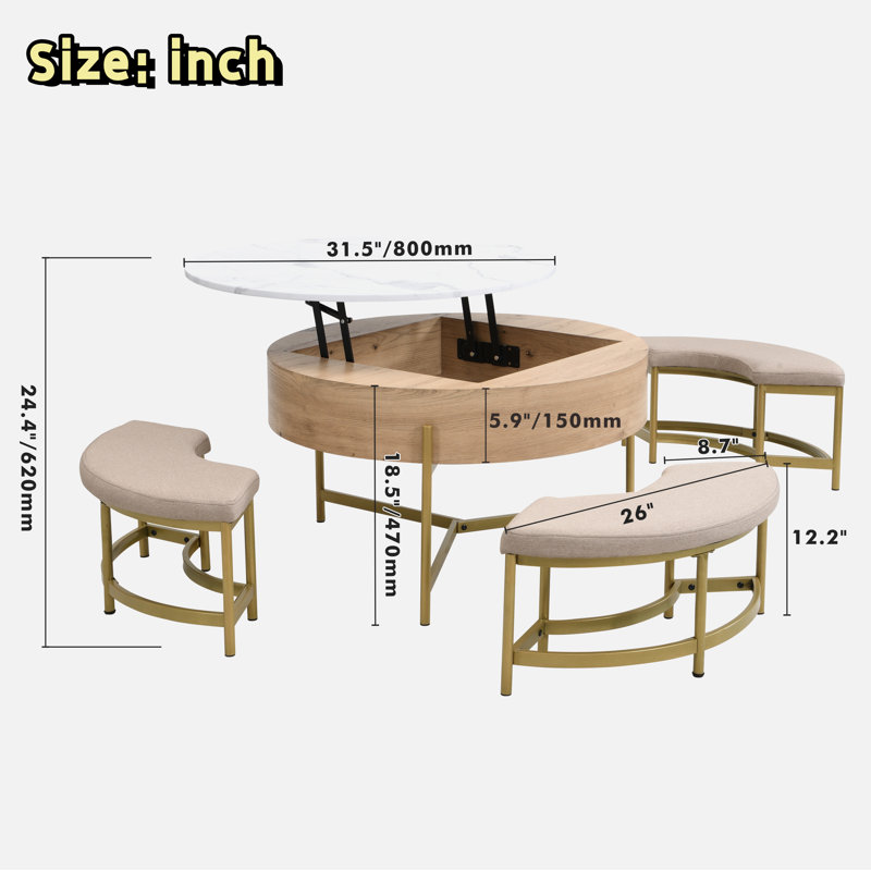 Table basse moderne à plateau relevable avec espace de rangement et 3 repose-pieds, Plateau naturel / base dorée