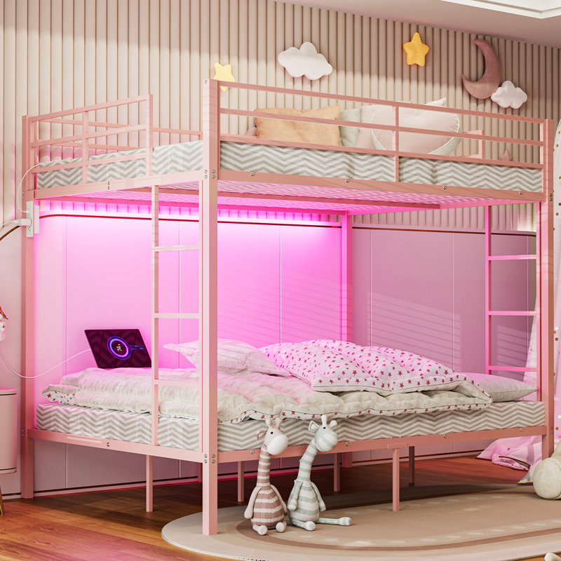 Lit plateforme en métal Alyda, Rose, Lit superposé simple TG sur simple TG