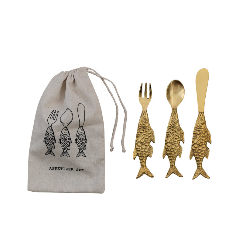 Artisan Brass Appetizer Set with Fish Handles