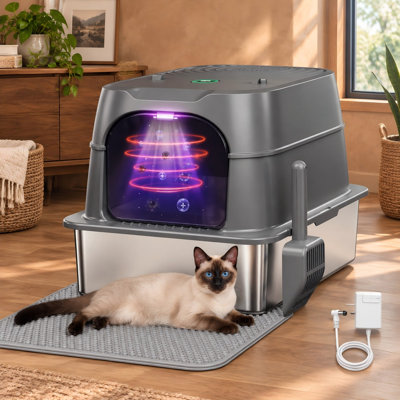XXL extra-large enclosed stainless steel litter box for big cats combines smart odor control with an infrared auto-pause sensor, high leakproof sides, a lid, and an easy-clean pan.