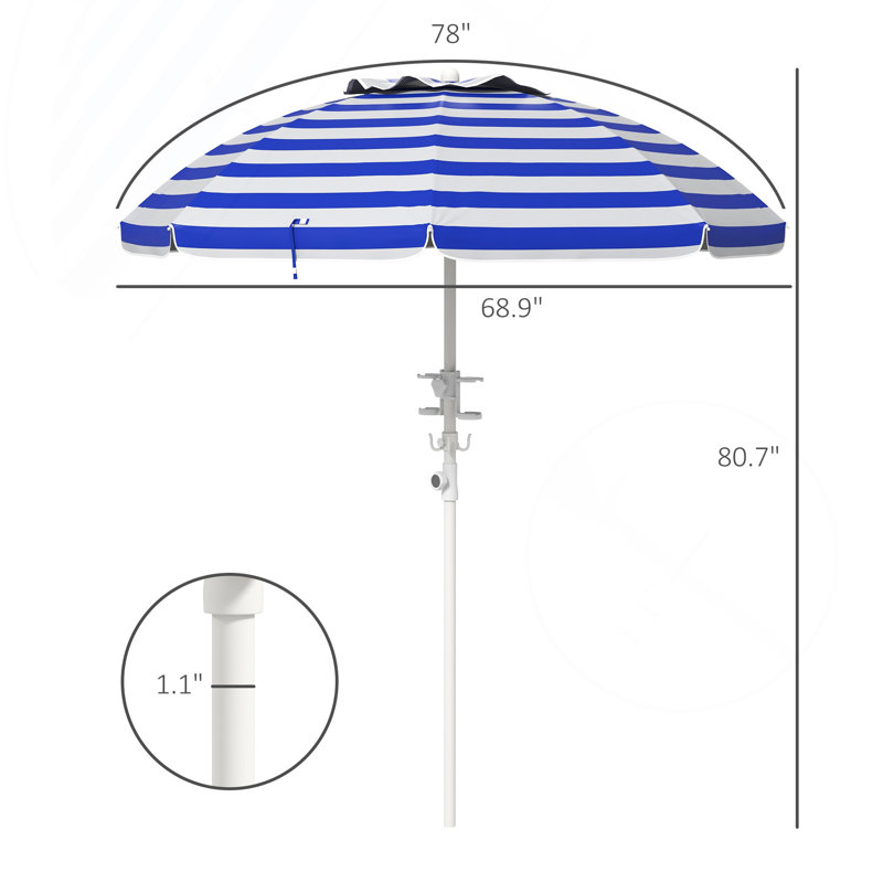 5. Parasol de plage portatif de 7 pi avec inclinaison, hauteur réglable, 2 porte-gobelets et crochets, parasol d'extérieur à volants UV 40+ avec auvent ventilé, rayure bleu blanc