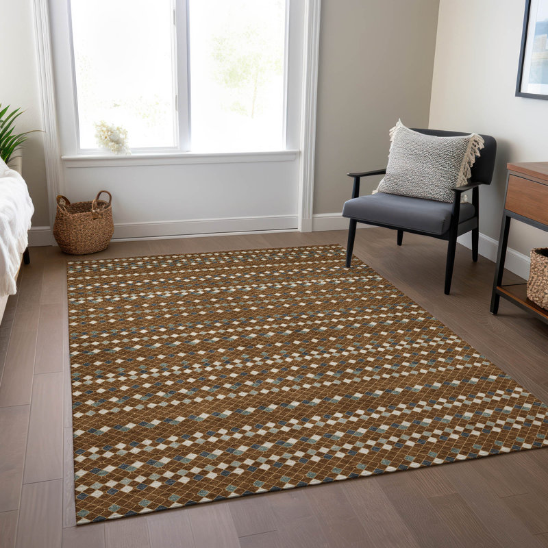 Red and Beige Striped Synthetic 10' x 14' Washable Rug