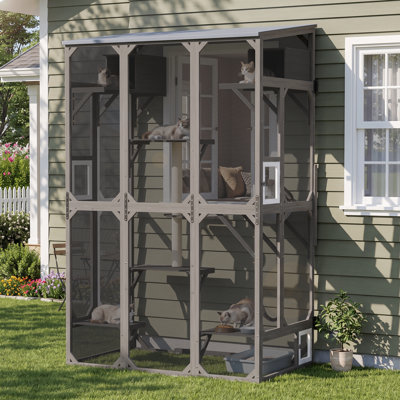 Grand enclos extérieur pour chats (Catio), Catio avec fenêtre de 2,51 m de haut pour chats d'intérieur, niche pour plusieurs chats, patio pour chats accessible à pied avec toit résistant aux intempéries, plateformes de saut, aires de repos, griffoir