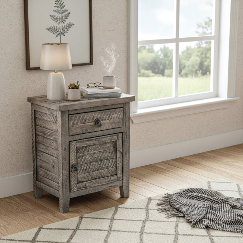 Table de chevet rustique en bois massif avec tiroir et armoire de rangement Laquenda, Gris