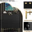 Autoportante, 2 portes, armoire d'appoint de rangement, pieds coniques en X enduits de laiton, repose-pieds réglables, noir et fer, améliore le style moderne de la maison, motif en losange surélevé, stabilité