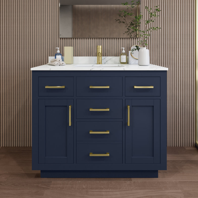 Beckett TK 42'' Single Bathroom Vanity with Quartz Top, Single, Brushed Gold