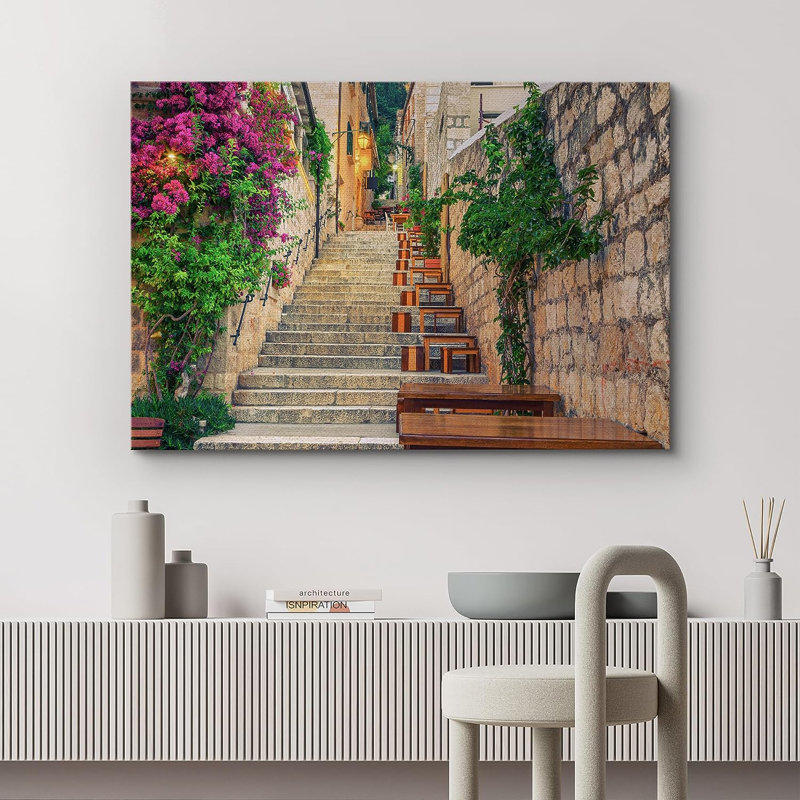 Architecture, bâtiment, escalier botanique méditerranéen, nature sauvage, sur toile, H 12 po x l 18 po x P 1,5 po