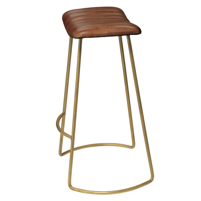 Tabouret de bar et de comptoir Marianna, Cuir véritable naturel / cadre en laiton antique