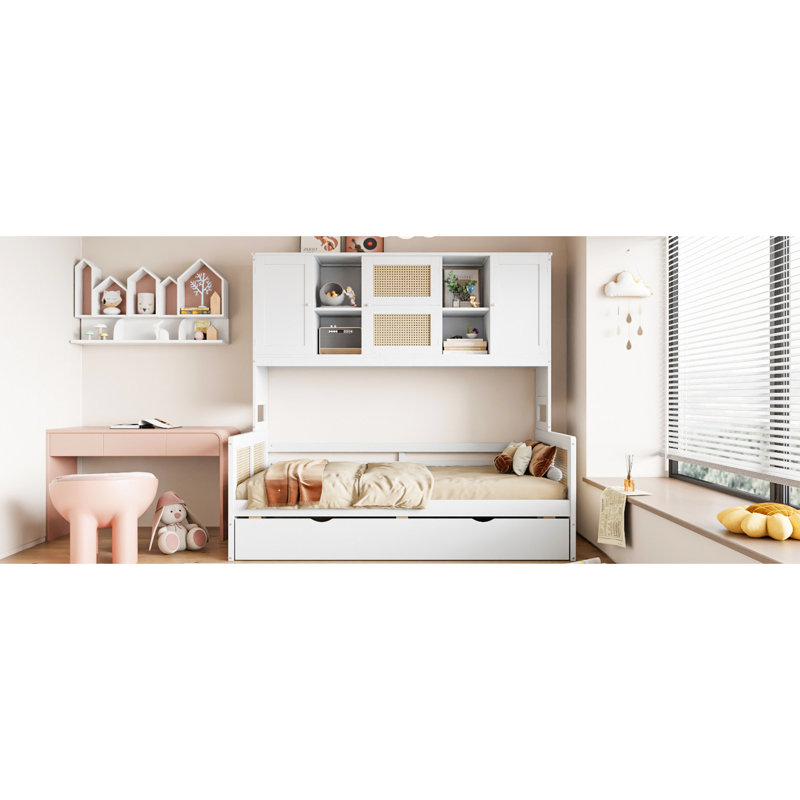 Lit de jour simple en bois avec couchette, armoire et tablette, blanc et tablette de qualité stable, Lit simple, Blanc