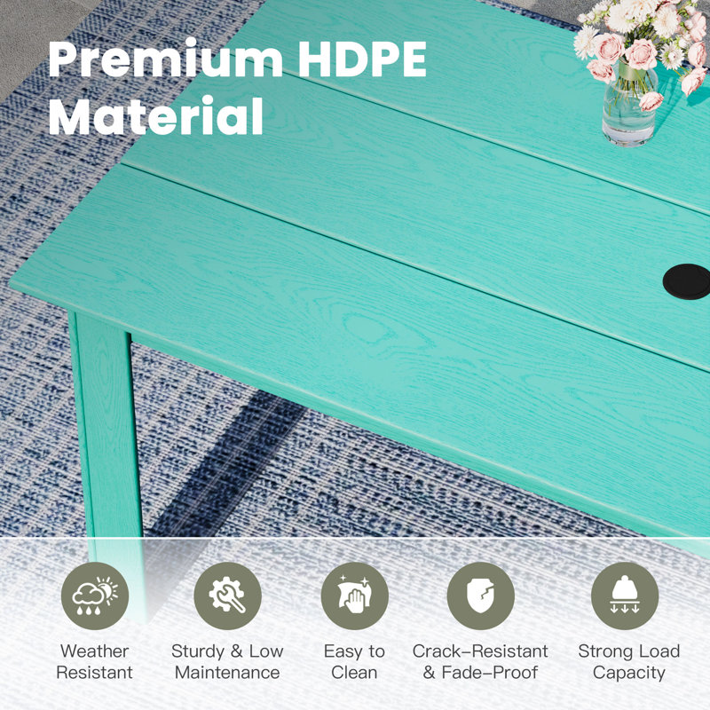 Table de salle à manger rectangulaire en PEHD pour l'extérieur avec trou pour parasol, Tiffany