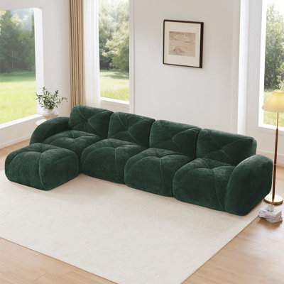L-shaped Velvet Tufted Sofa with High-Density Foam, Ergonomic Design, Anti-Slip, and Movable Ottoman for Living Rooms