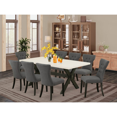 9 Piece Kitchen Table Set Includes a Rectangle Dining Table with X-Legs and 8 Dark Gotham Linen Fabric Parson Dining Room Chairs, Wire Brushed Black Finish