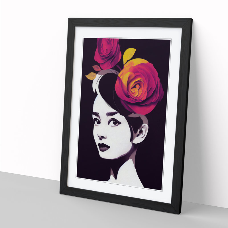 Argaki Floral Woman - Wall Art, 46cm H x 34cm W x 2cm D, Walnut Framed Paper, White