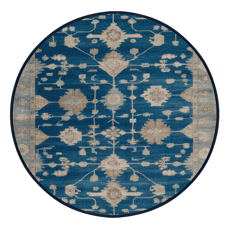 Tapis bleu lavé à la machine, Rond 7 pi