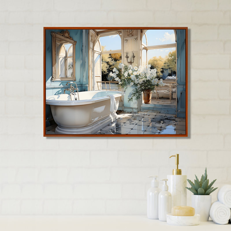 Bathroom Bathroom Reflections Of I - Impression sur toile encadrée, H 16 po x l 32 po x P 1 po, Cadre flottant brun