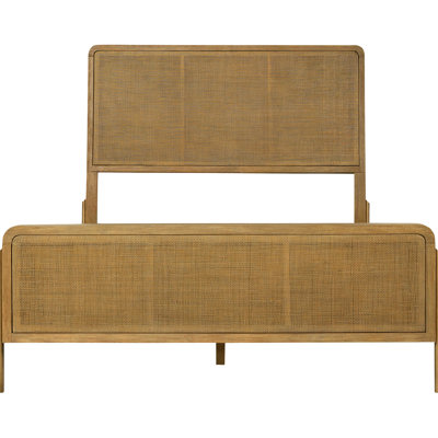 Grand lit à panneau avec sable délavé et canne naturelle - lit de chambre en métal et bois massif, ambiance côtière, design Mid-Century, lignes épurées, pieds fuselés