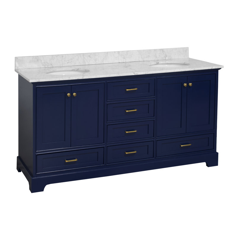 Ensemble de meuble-lavabo double 72 po Larosa, Bleu royal, Marbre de Carrare