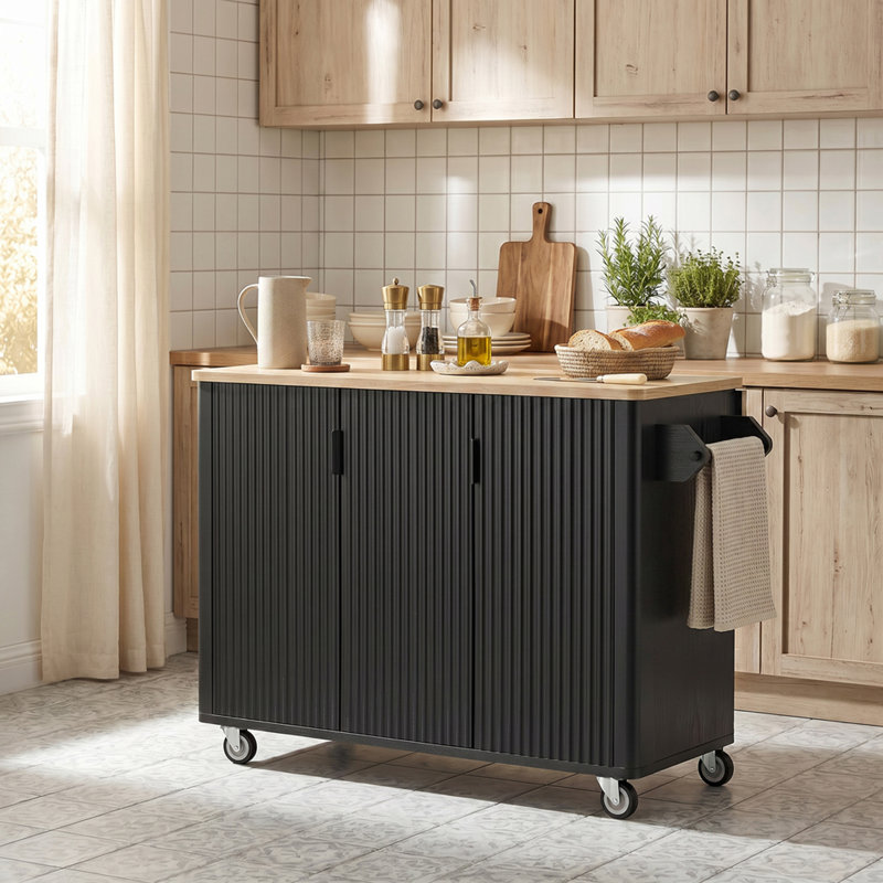 51 Inch Farmhouse Rolling Kitchen Island Cart with Drop Leaf, Adjustable Shelves & Towel Rack, Mobile Wood Kitchen Island on Wheels with Storage Cabinet, Black Ash