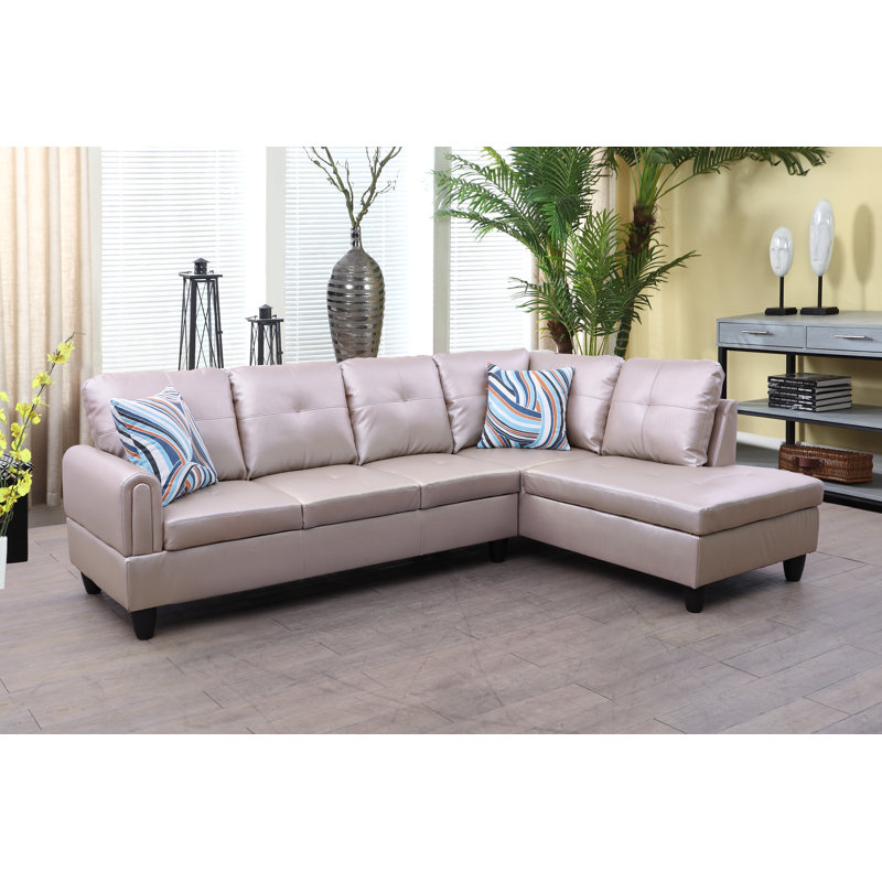 Renford Upholstered L-Shaped Sectional, Right Hand Facing, Cream Faux Leather