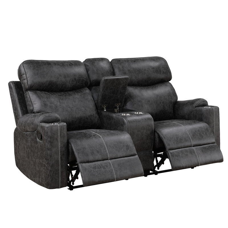Hirah Dark Gray Microfiber Manual Recliner Loveseat With Cupholder Function And Built-In USB Port
