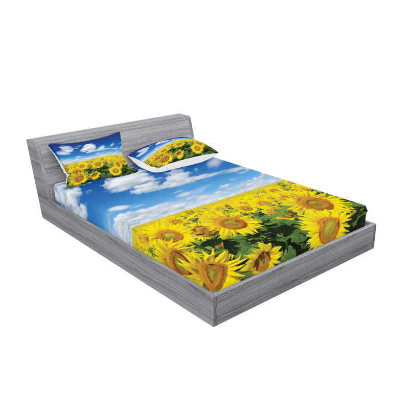 Ambesonne Sunflower Fitted Sheet & Pillow Sham , Blue Green Yellow, California King Sheet Set + 4 Pillowcases