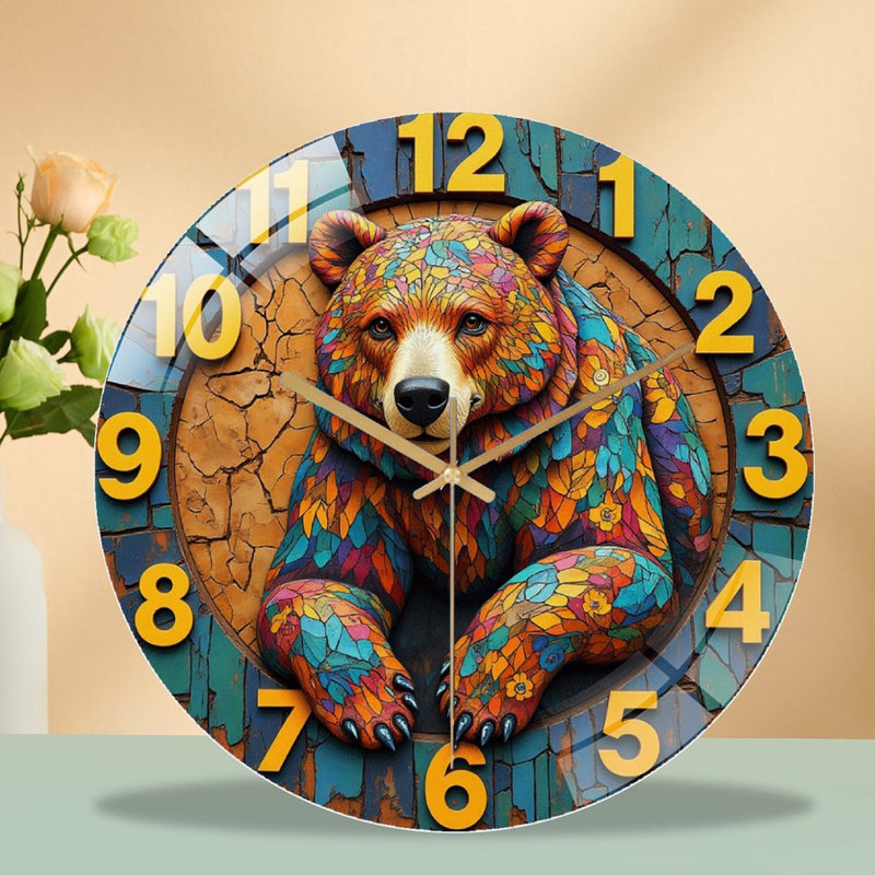 Horloge murale ours coloré avec motif unique - horloge murale moderne en verre 12 po