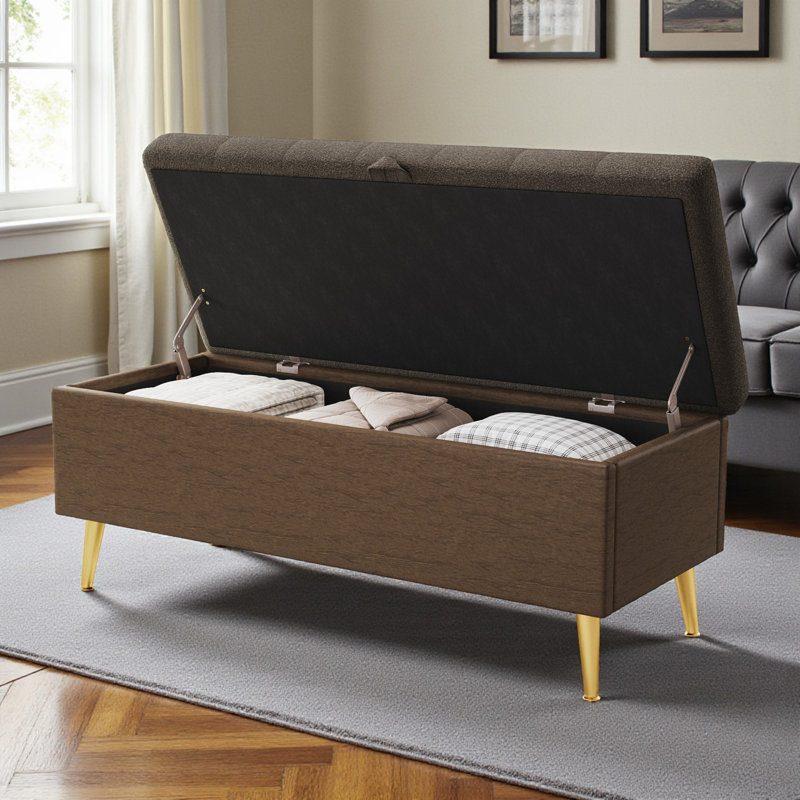 Upholstered Storage Bench With Gold Metal Legs, Coffee
