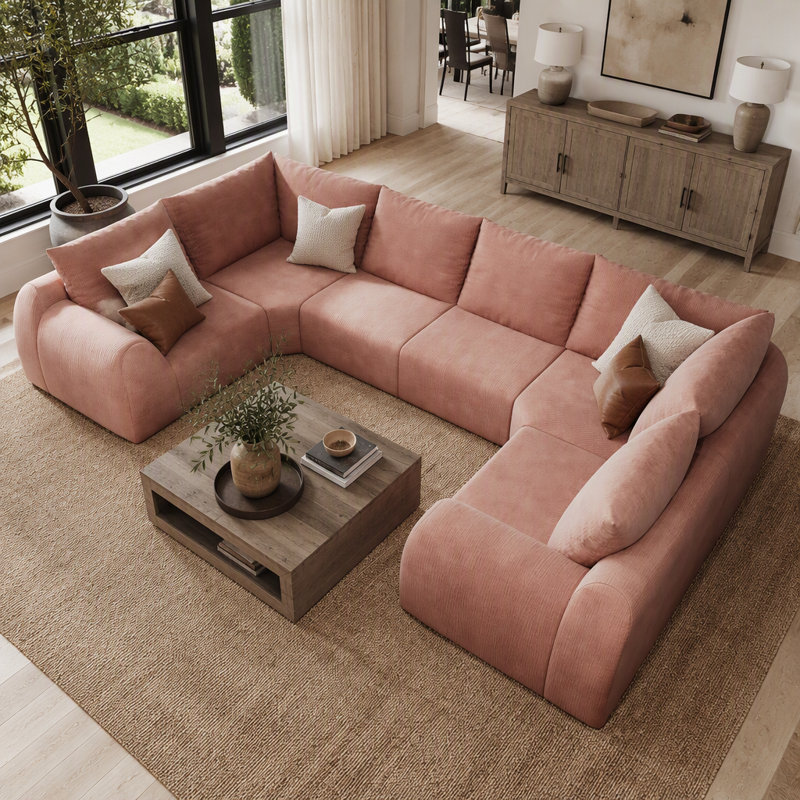 Oswaldo Upholstered " Chenille Sectional, 6 Seat, Pink