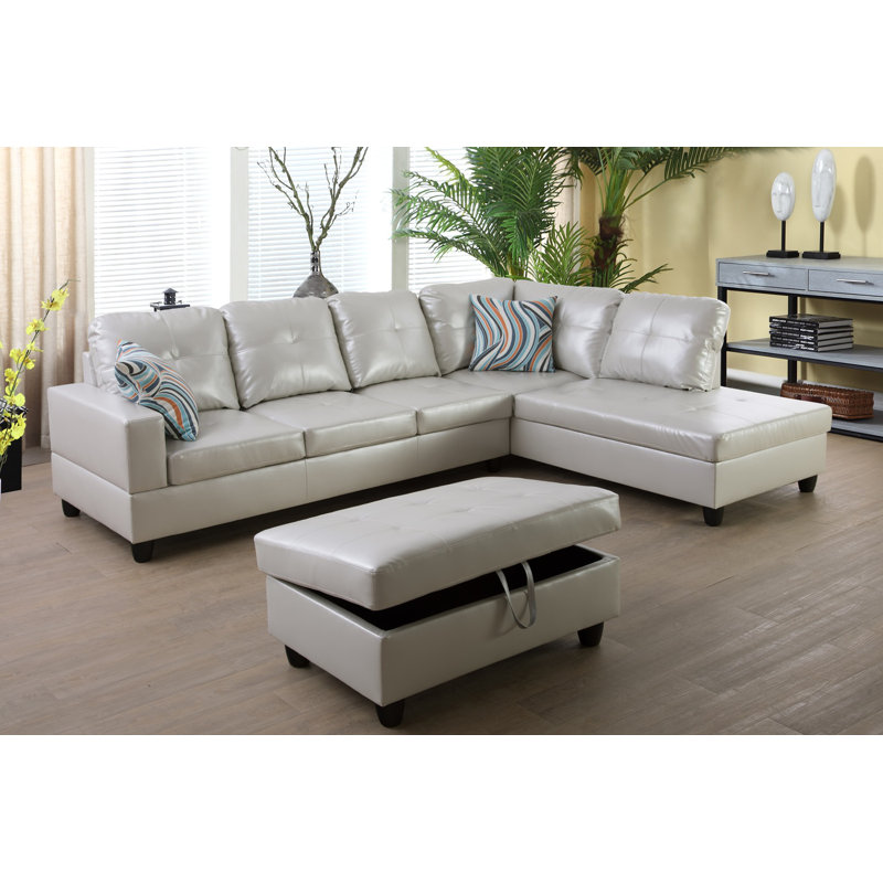 Brevard Faux Leather L-Shaped Sectional, Right Hand Facing, Shiny Light Gray