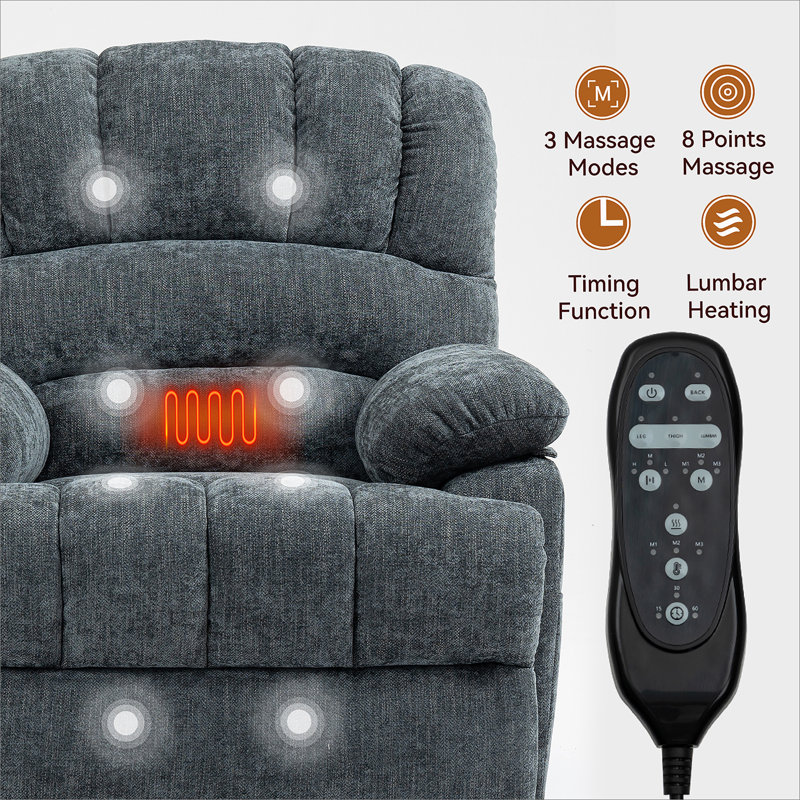 Fauteuil inclinable électrique en chenille de 23 po de large et à dossier haut avec massage par vibration 8 points et chauffage lombaire
